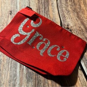 NEW Red 7”x5” Canvas Zippered Pouch with Custom Vinyl and Charm Item #PHK4805